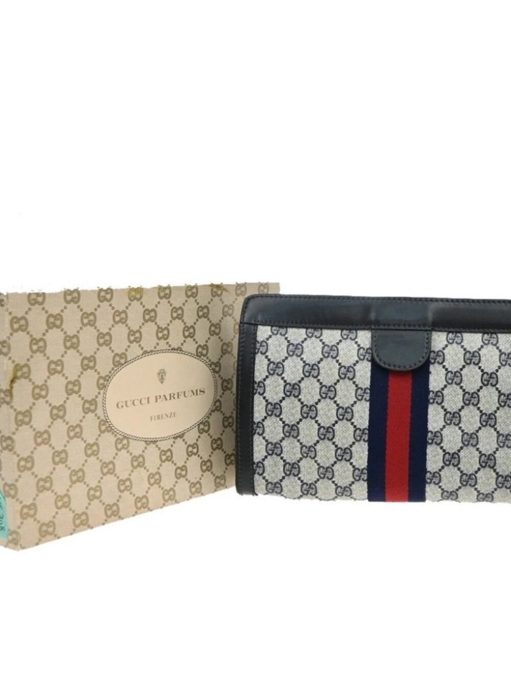 GUCCI Parfums Logo Sherry Clutch Hand Bag PVC Leather Navy Blue Italy 60KP203